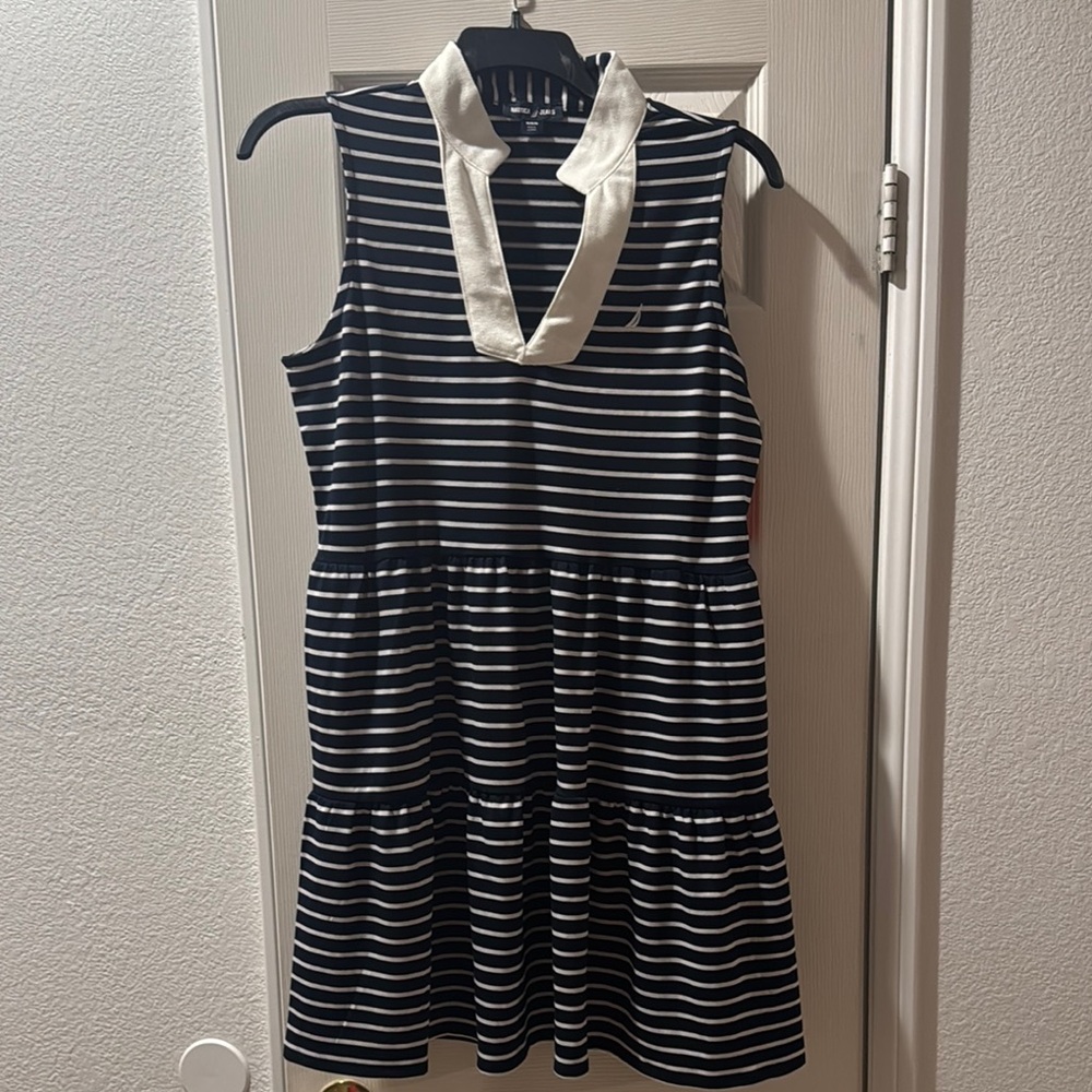 Comfortable and Cute Blue and White Striped Midi Dress with Pockets